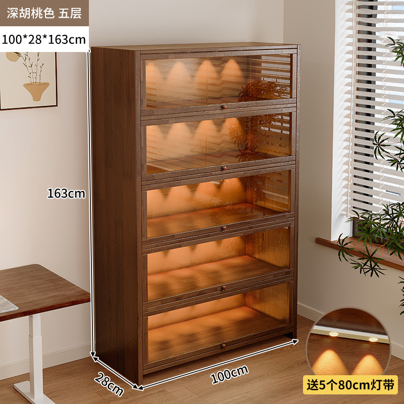 Librería de madera maciza a prueba de polvo integrada contra la pared Armario de almacenamiento de color nogal Armario de almacenamiento Armario de piso Estantería para el hogar