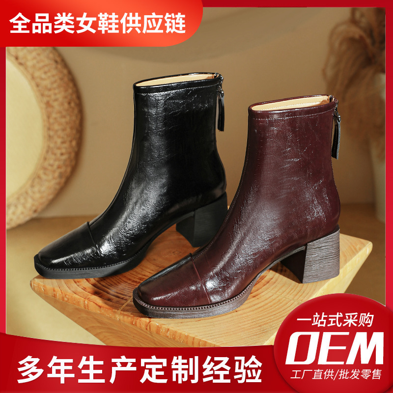 定制女靴~高跟短靴靴子美拉德粗跟秋冬新款女式中筒靴方头瘦瘦靴