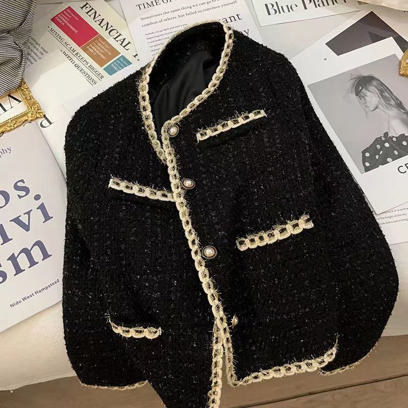 黑色短款小香风外套女春季新款粗花呢金线编织休闲百搭小西服上衣|undefined