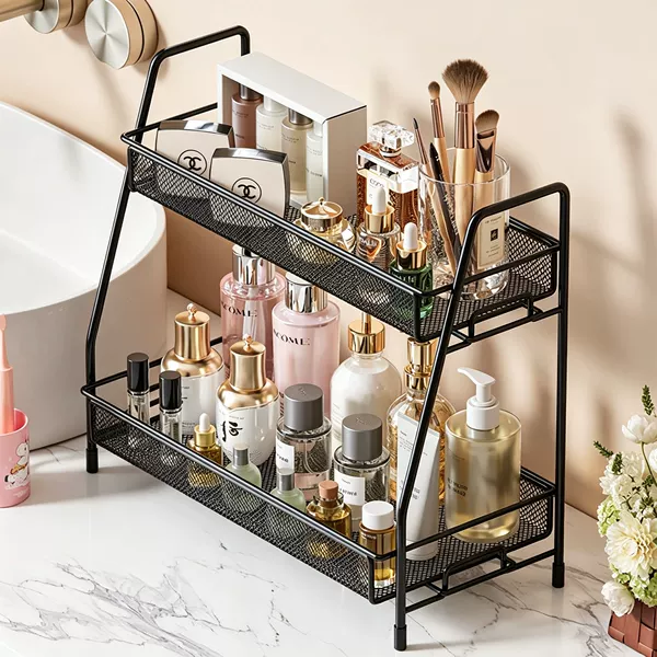 Desktop vanity table cosmetics storage rack, washstand storage shelf, double-layer bathroom toiletries and skincare product organizer