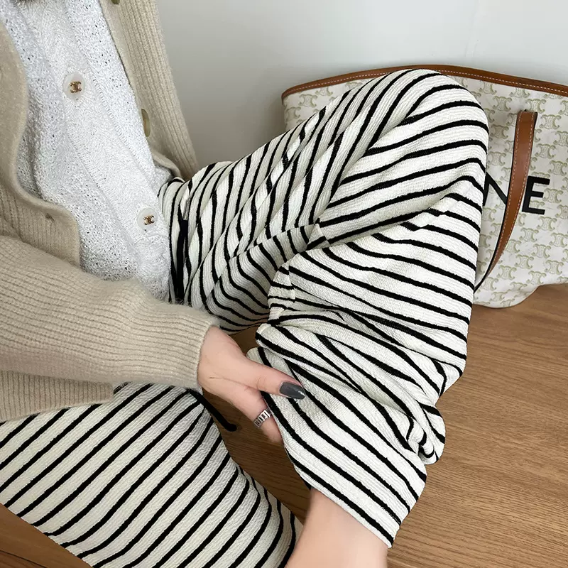 韩系条纹阔腿裤女春秋高腰垂感休闲遛弯裤软糯慵懒针织拖地长裤子