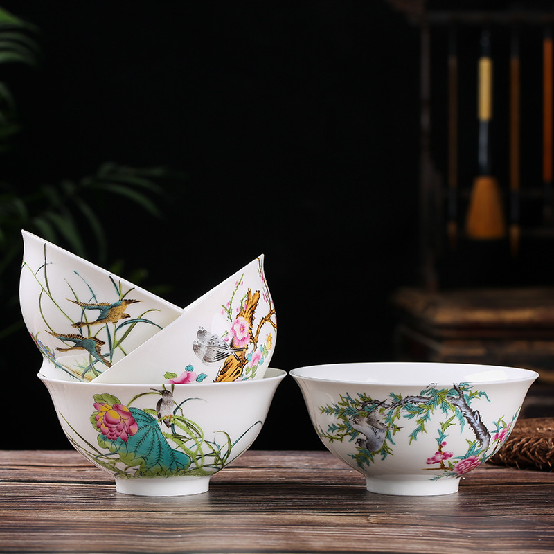 Bowl set Jingdezhen household bowl light luxury tableware Bone China high-end enamel color bone china bowl wholesale Four Seasons flowers and birds
