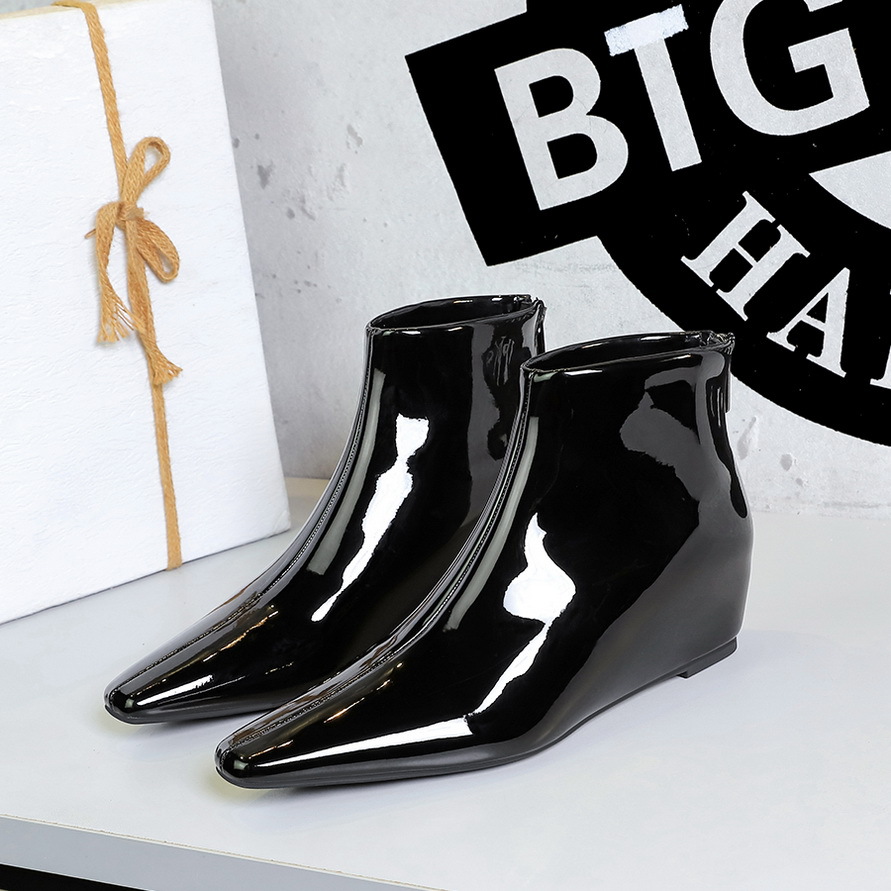 6632-1 Korean Style Fashion Versatile Hidden Wedge Heel Shiny Patent Leather Short Slimming Women's And Ankle Boots_vogvips.com
