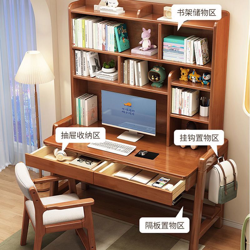 Solid Wood Lifting Desk Bookshelf Integrated Children's Study Table Bedroom Simple Home Writing Desk and Chair for Primary and Secondary School Students