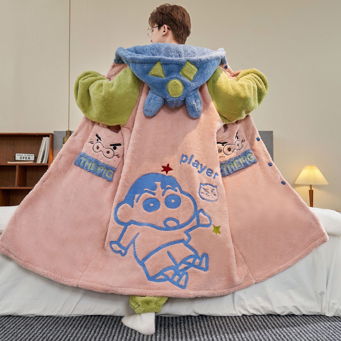 Crayon Shin-Chan Men's Pajamas Autumn and Winter Fleece-Lined Thickeneded Coral Velvet Teenagers Large Size Winter Pajamas Home Clothes