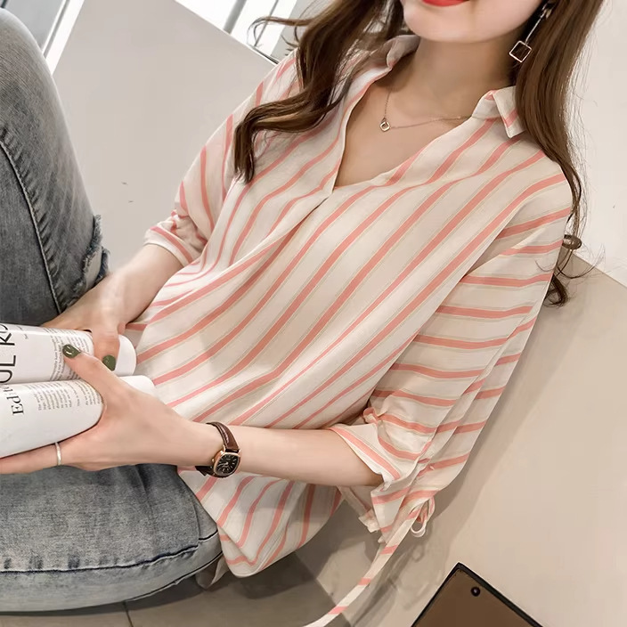 2026 New Korean Style Lace-Up Three-Quarter Sleeve Striped Shirt for Women, Loose Casual Chiffon Shirt, Base Layer Top 2026 New Korean Style Lace-Up Three-Quarter Sleeve Striped Shirt for Women, Loose Casual Chiffon Shirt, Base Layer Top