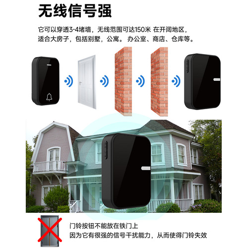 Cross-border hot sale  new pure black self-generating wireless doorbell battery-free waterproof 200 meters ultra-long distance
