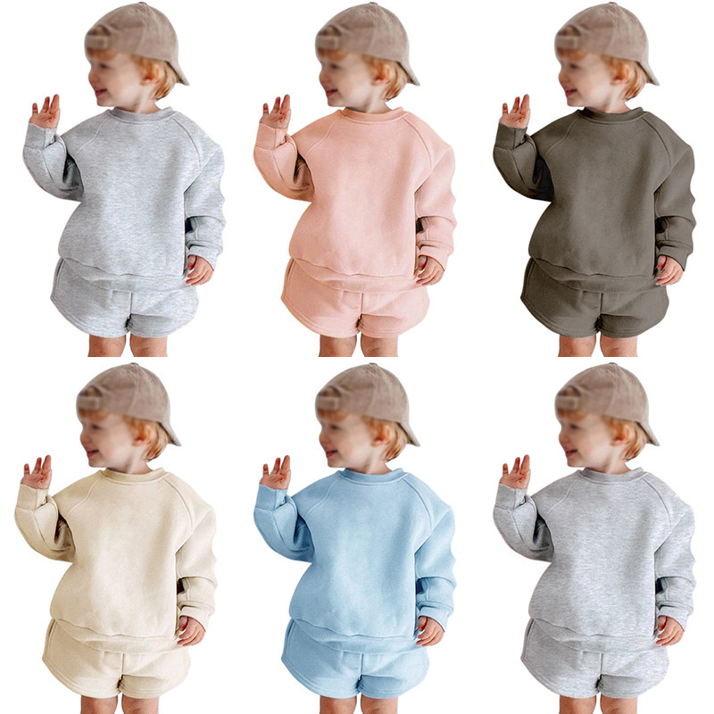 Children's Clothing Set 2026 Autumn and Winter Models for Boys and Girls, Solid Color Long-Sleeved Sweatshirt and Shorts Two-Piece Set, Wholesale Children's Clothing