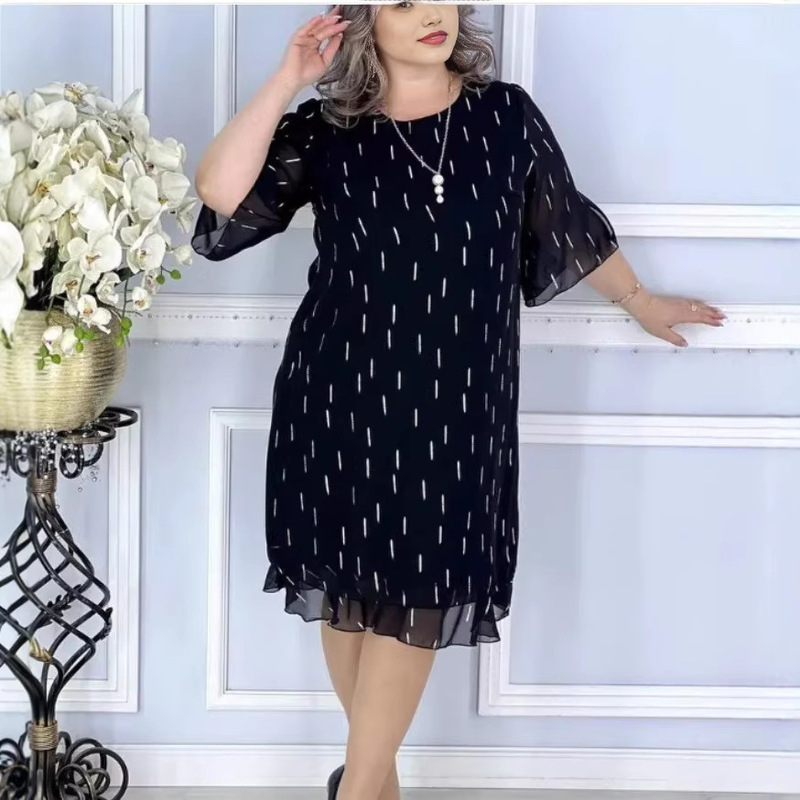 2026 Spring and Autumn Women's New Fashion Slim Fit Elegant Round Neck Chiffon Printed Dress Mid-Length A-Line Dress