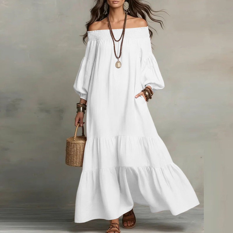 2026 Cross-Border E-Commerce New Product Amazon Women's Solid Color Simple Ice Silk Ruched Off-Shoulder Loose Dress 2026 Cross-Border E-Commerce New Product Amazon Women's Solid Color Simple Ice Silk Ruched Off-Shoulder Loose Dress