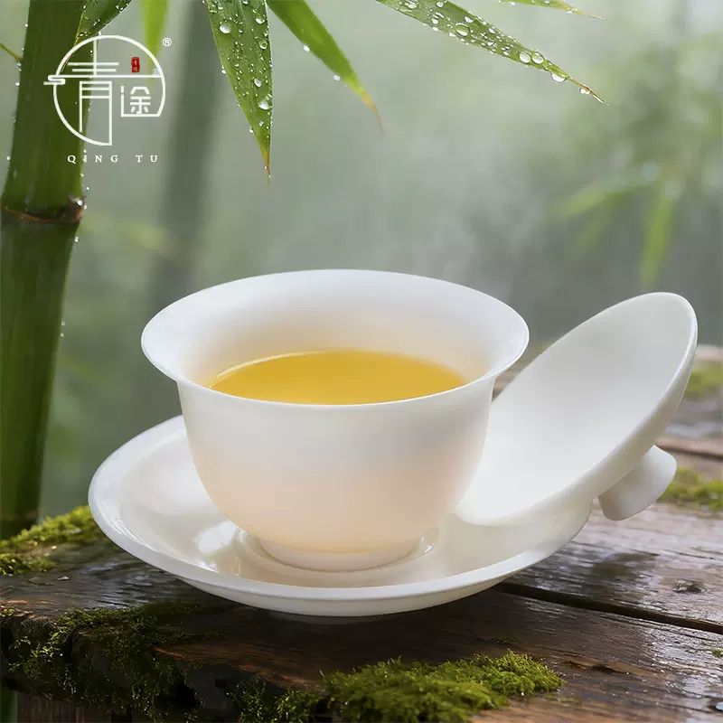 德化羊脂玉瓷原矿素烧大小号三才盖碗薄胎家用陶瓷泡茶碗批发logo