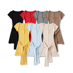 European and American Hot Girl Fake Two-Piece Short-Sleeved Jumpsuit for Women to Wear Outside with Straps Fitness Jumpsuit Yoga Casual Sports Shorts