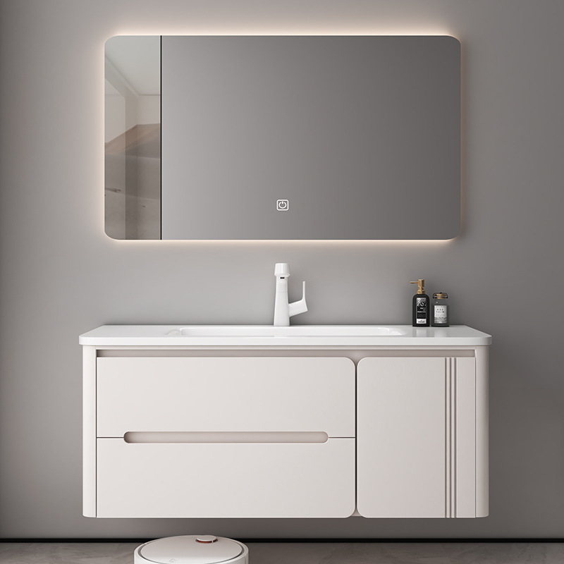 Roble personalizado simple viento caucho madera sólida horneado pintura gabinete de baño combinación de cerámica lavabo gabinete lavabo de mano