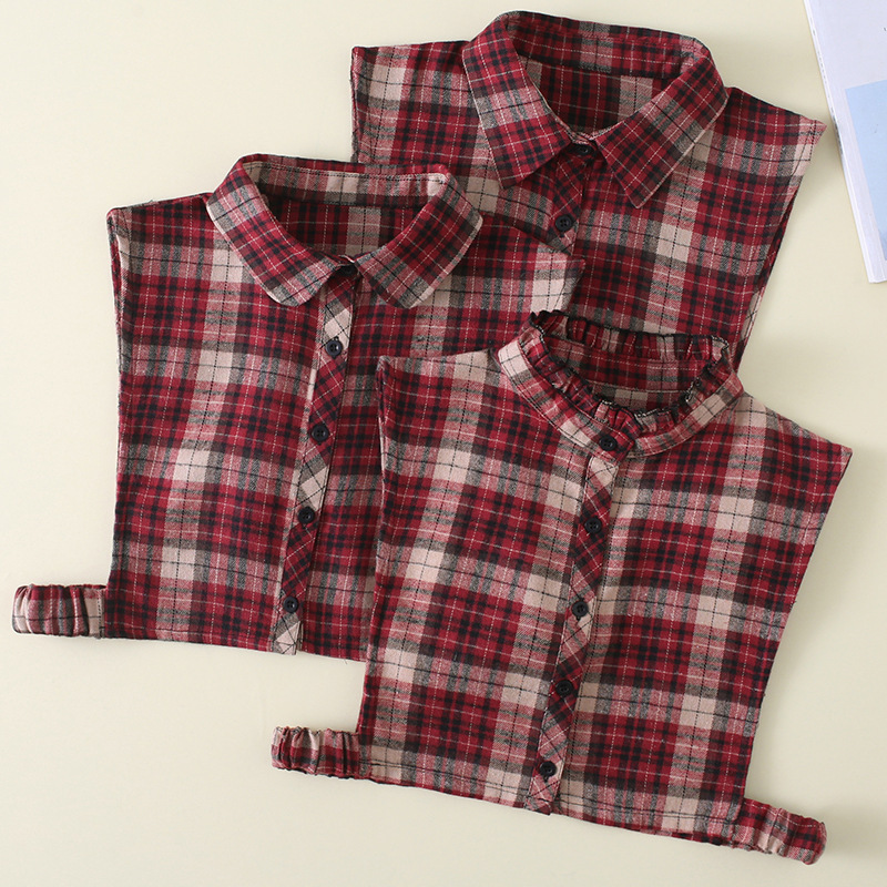 Red plaid dickey collar for women sweater decoration collar half shirt long round collar shirt detachable collar grinding goto grid fake collar