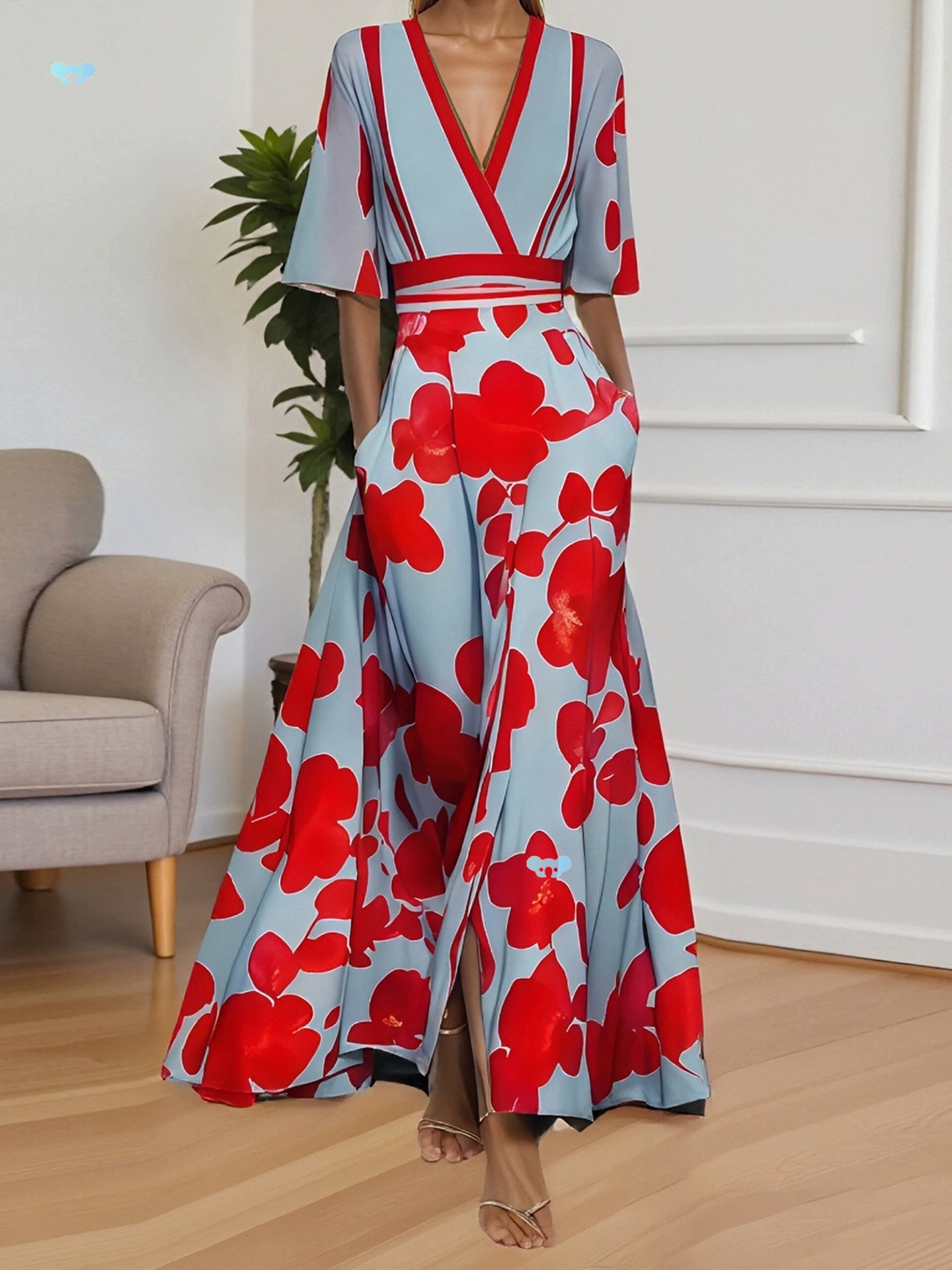 Женское платье трапециевидной формы с v-образным вырезом и короткими рукавами с цветочным принтом, красное