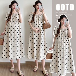 Real shot in stock 2024 pregnant women summer new wave point cotton and linen square collar dress original pocket long skirt