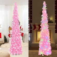 新款粉色圆片可折叠圣诞树 伸缩圣诞毛条树圣诞节家居茜草pet树