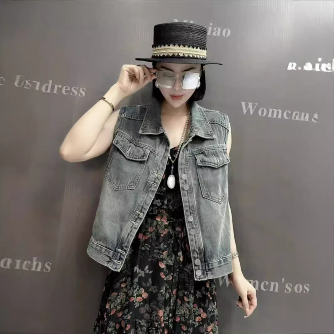 Hong Kong Style Retro Denim Vest Women's Short Outwear Spring & Fall 2025 New Sleeveless Vest Vest Top