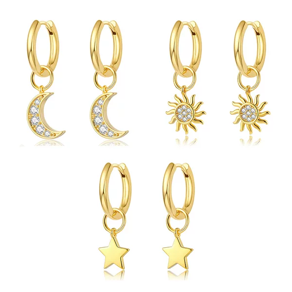 3A Zircon Star and Moon Earring Set with Diamonds, Ultra-Brilliant Earrings, Elegant and Luxurious, Detachable Pentagram Hoop Earrings