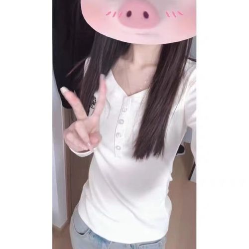 A V-neck buttonhole embroidery long-sleeved T-shirt for women, base layer top, slimming and flattering, suitable for stylish women - 260g Modal