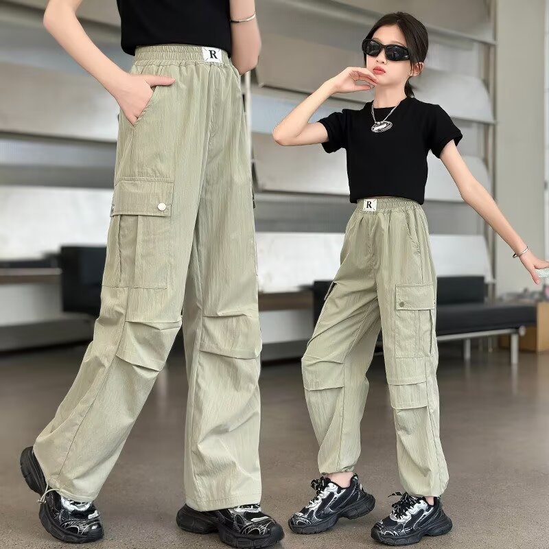 女の子パンツ夏薄いオーバーオール 2025 新しい中型と大型子供ルーズワイドレッグパンツカジュアルパンツトレンディなクロスボーダー|undefined