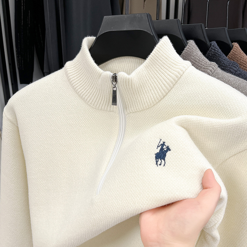 Ferret Velvet One-Piece Velvet Men's Half Turtleneck Zipper Sweater Winter Thickeneded Warm Embroidered Knitted Bottoming Shirt Sweatshirt