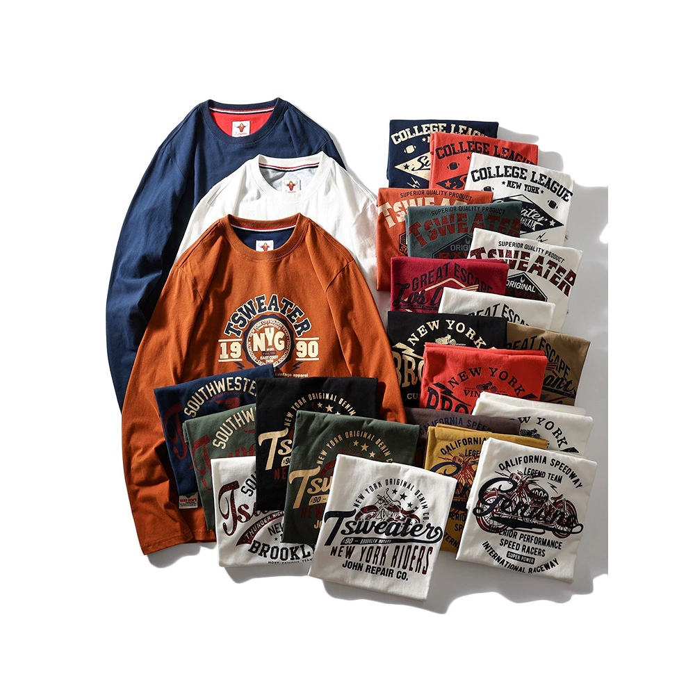 220 хлопчатобумажная ткань! Вымойте волосы водой! Внешняя торговля мужская одежда осенняя повседневная печать с круглым вырезом и футболка с длинными рукавами