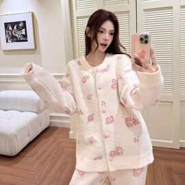 新款睡衣女秋冬季半边绒保暖甜美少女家居服套装可外穿