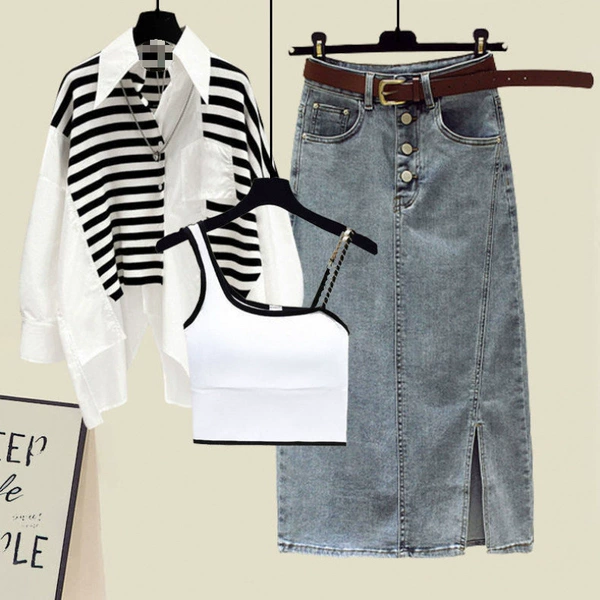 Shirt, skirt, set, lifting effect, 3 piece set