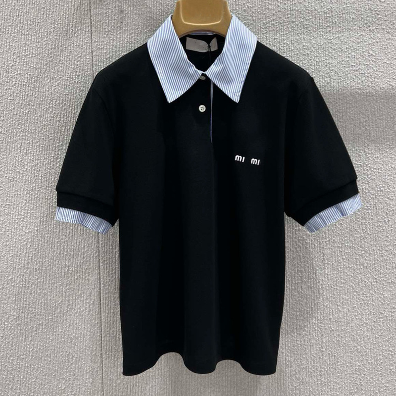 Miu Series "Shenzhen Nanyou" Striped Patchwork Polo Short-Sleeve T-Shirt Top, Youthful and Versatile, College Style, Cross-Border