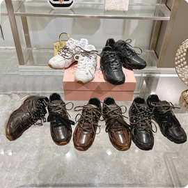 高端品质2024新款真皮圆头舒适系带老爹运动鞋做旧复古德训女单鞋