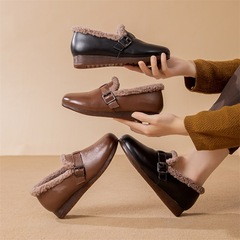 毛毛鞋女冬外穿休閒羊羔毛豆豆鞋女一腳蹬平底媽媽加絨棉老人單鞋