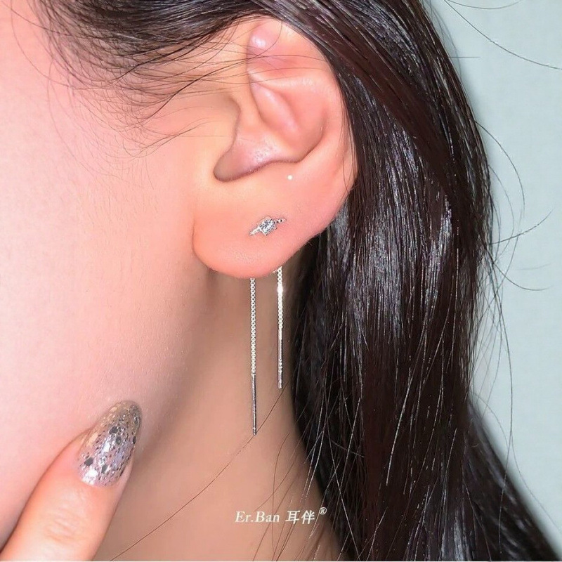 Stunning Double Earlobe Tassel Ear Threaders with a High-End, Light Luxury, Unique, and Beautiful Design, Silver Needle Earrings for Women