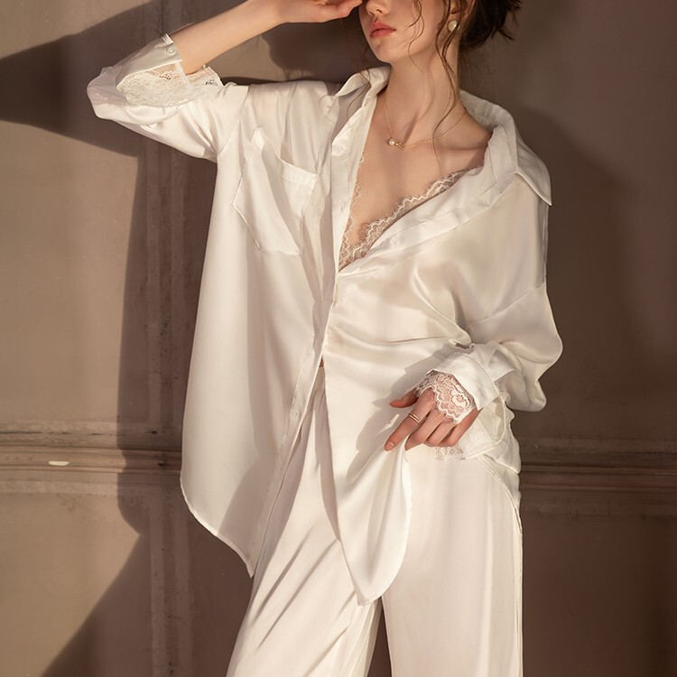 2025 New Pure Lust Sexy Pajamas Set Silk Shirt Long-Sleeved Pants Silk Loose Home Clothes for Women Aa 2025 New Pure Lust Sexy Pajamas Set Silk Shirt Long-Sleeved Pants Silk Loose Home Clothes for Women Aa