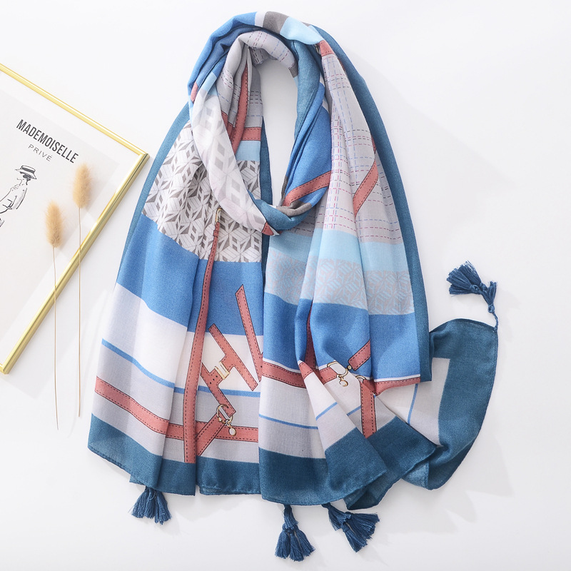 Amazon transfronterizo europeo y americano bufanda de primavera patrón de cinturón de cadena geométrica de las mujeres impreso bufanda de borla de algodón y lino