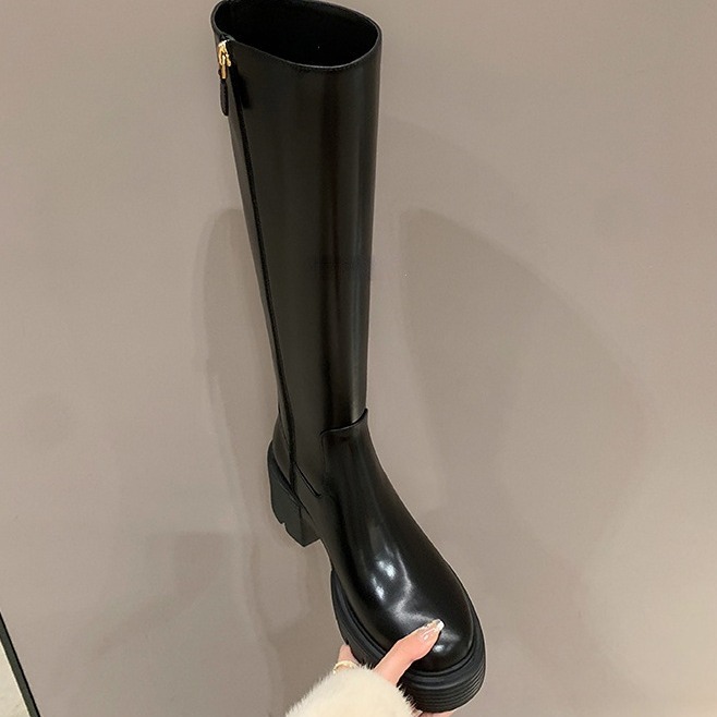Ready Stock, Immediate Dispatch! Korean Style Versatile New Sw Chunky Heel Thick-Soled Side Zipper Black High Boots Riding Boots Long Boots for Women