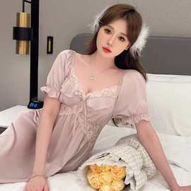 法式睡裙女夏款冰丝甜美法式长款睡衣裙2025年新款短袖家居服薄款