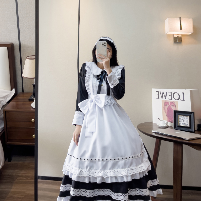 伝統的なメイドのロングスカートの長袖のメイド服の偽娘のイギリスの執事のコスプレの日系の制服のかわいいワンピース|undefined