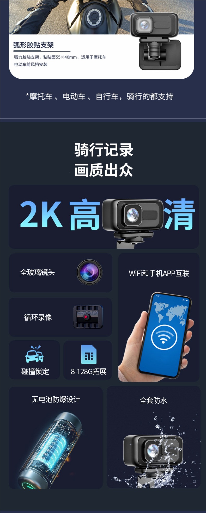 New Model Motorcycle Electric Vehicle Bicycle Recorder High-Definition Waterproof Recorder Wifi Direct Connection Mobile Phone Camera
