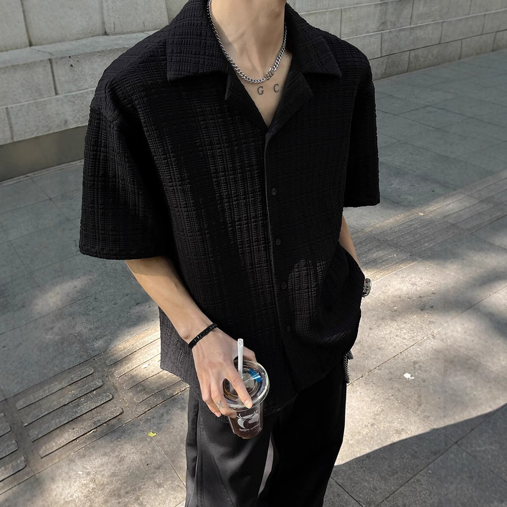 Black Textured Jacquard Short-Sleeved Shirt for Men, Summer Trendy Brand, Handsome, High-End Casual Men's Cuban Collar Shirt