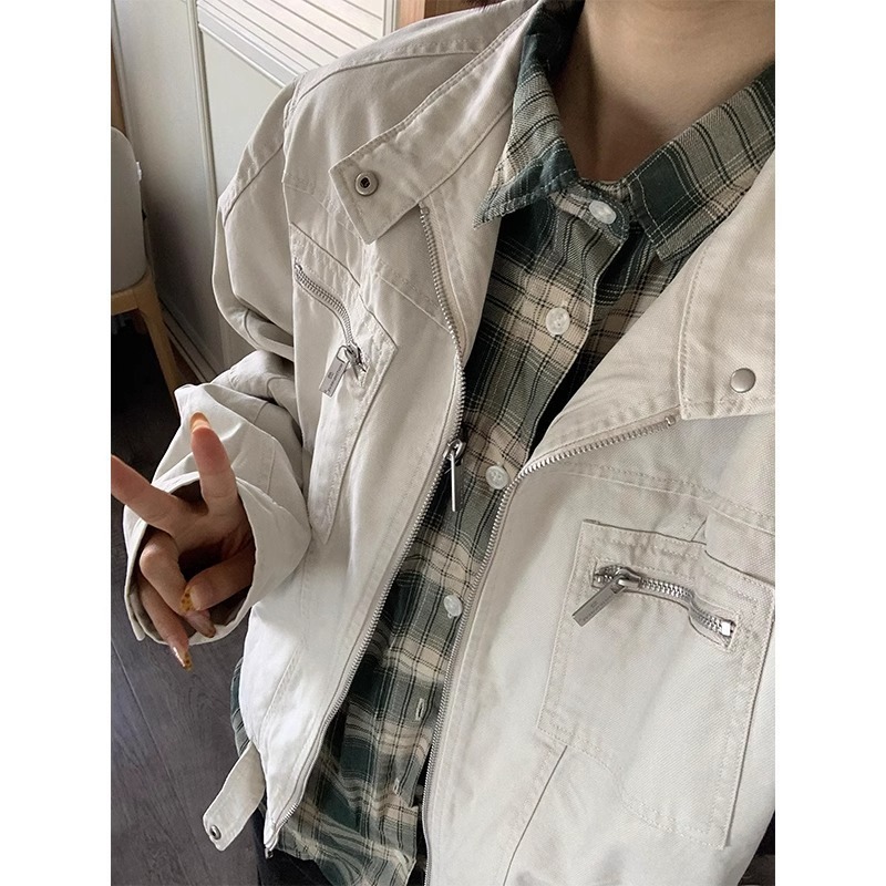 古着vintage水洗帆布牛仔外套男款美式多口袋立领哈灵顿工装夹克