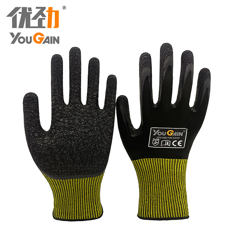 批发13针尼龙乳胶皱纹浸胶劳保手套适用多种环境抗磨止滑劳保手套