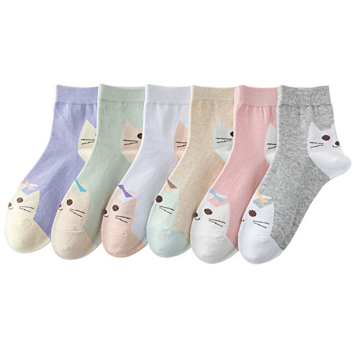 2026 new spring and summer women's Korean style cotton tube socks, kitten face, cute ins, trendy sports boat socks