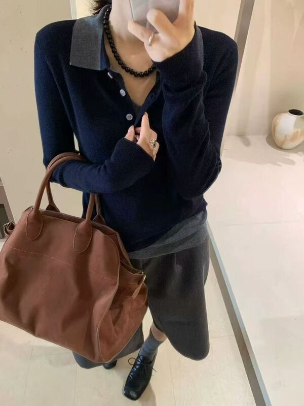 复古撞色拼接长袖针织衫女2025秋季韩版气质显瘦百搭打底衫上衣服|undefined