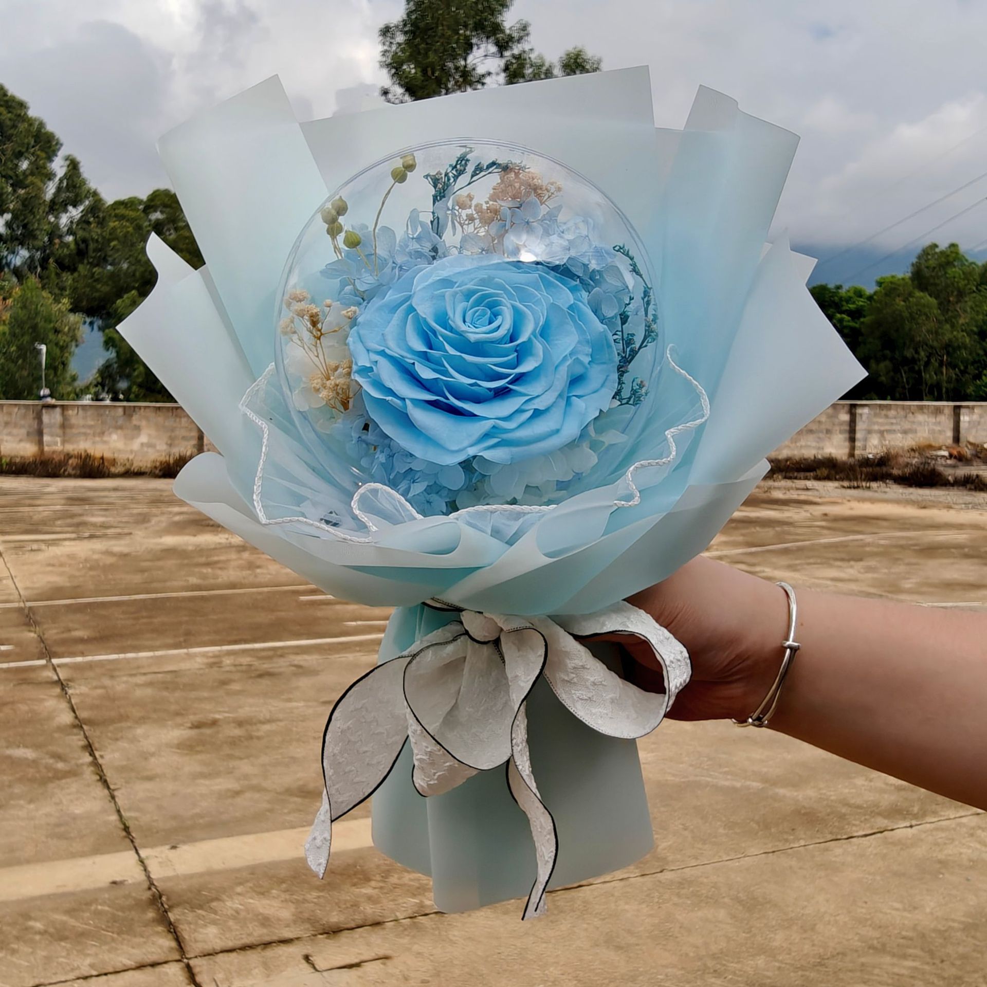 Yunnan Eternal Life Rose Bobo Ball Bouquet Caja de regalo terminada con luz Qixi San Valentín regalo hortensias ramo seco
