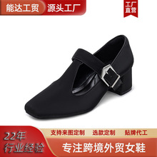 定制款春季大码单鞋圆头粗跟高鞋T字带皮带扣复古玛丽珍鞋时尚简
