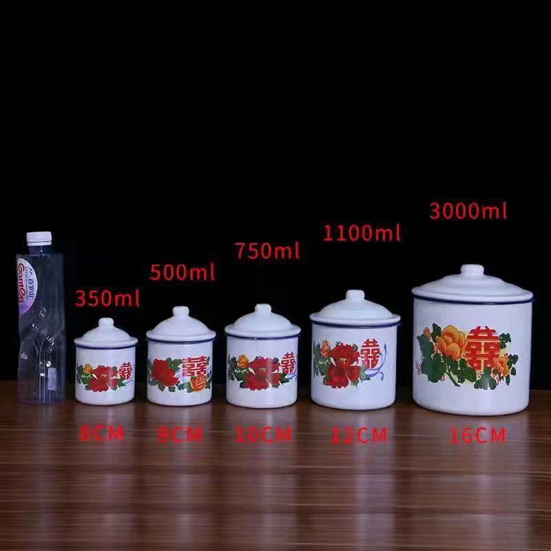Taza de esmalte nostálgica clásica, taza de té de hierro con tapa, gran oficina, hotel, boda de doble felicidad pasada de moda, taza de agua con flores