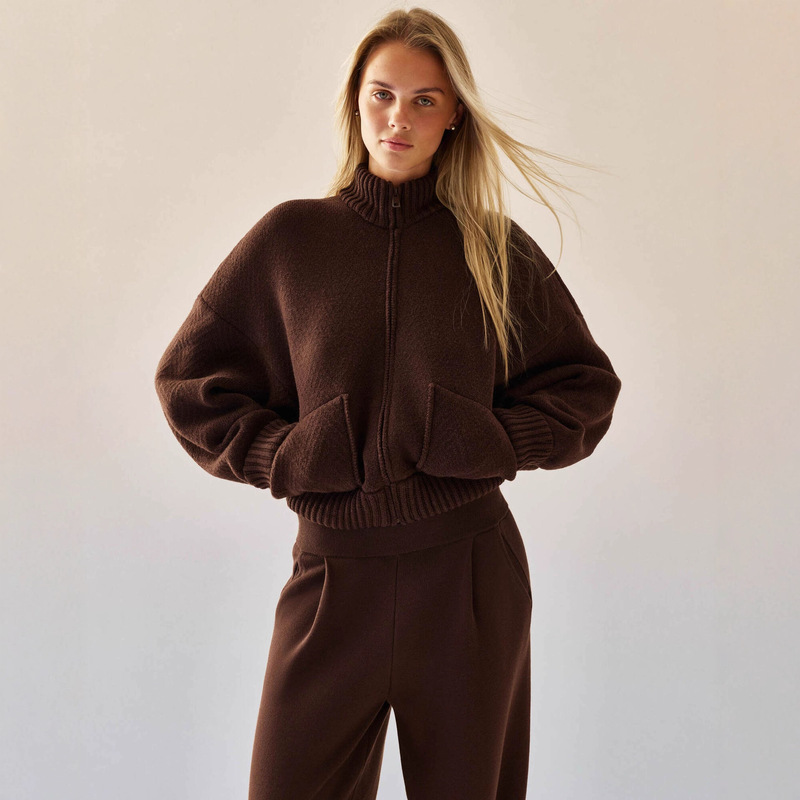Stand Collar Knitwear Jacket Autumn and Winter Women's Casual Loose Long-Sleeved Flap Pocket Pants Stitching Zipper Long-Sleeved Knitwear Jacket for Women