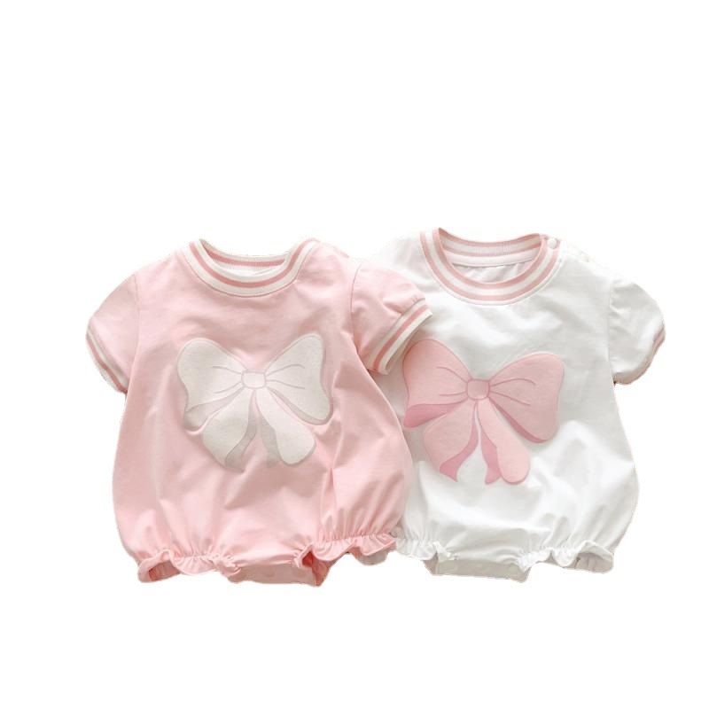 New Baby Jompsuit Summer Women's Treasure Bow Printed Climbing Suit Girl's Cute and Comfortable