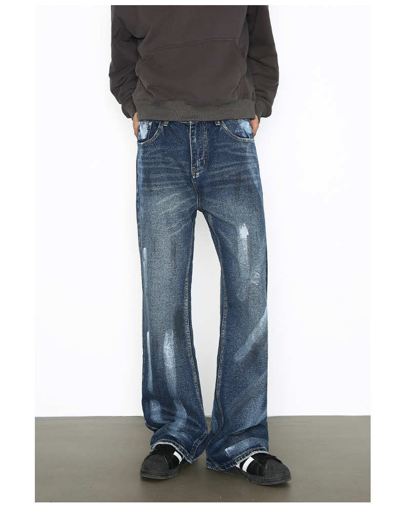 Hand-Painted American Style Straight-Leg Jeans For Men - Vintage Washed Denim Pants With Flared Hem, Comfortable Cotton Blend Fabric_mkmklike.com